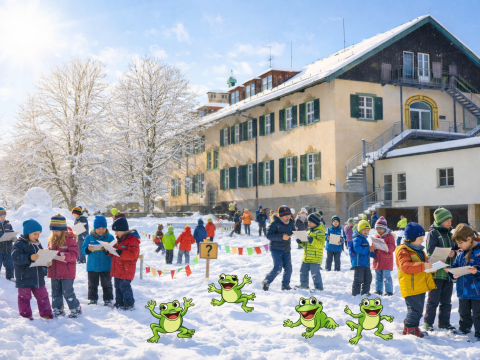 Frösche und Kinder im Schnee